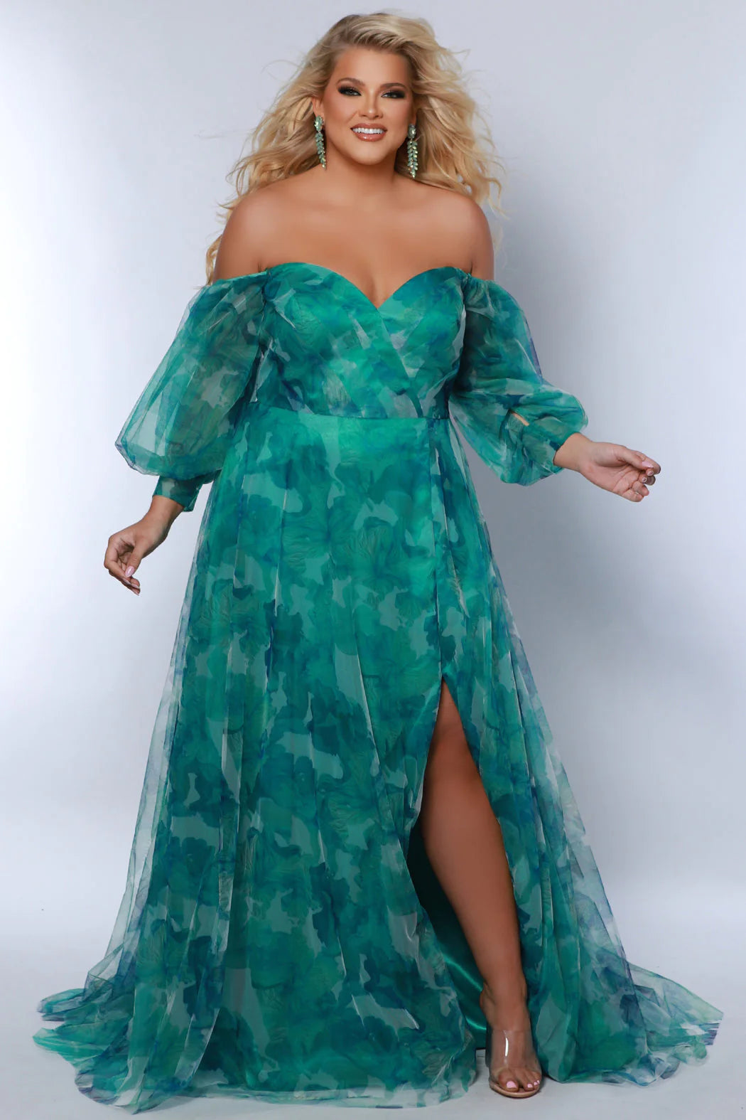 Sydneys Closet SC7386 Long Prom Dress Plus Size Strapless A-Line Floral  Slit Puff Sleeves Train Pockets Formal Gown