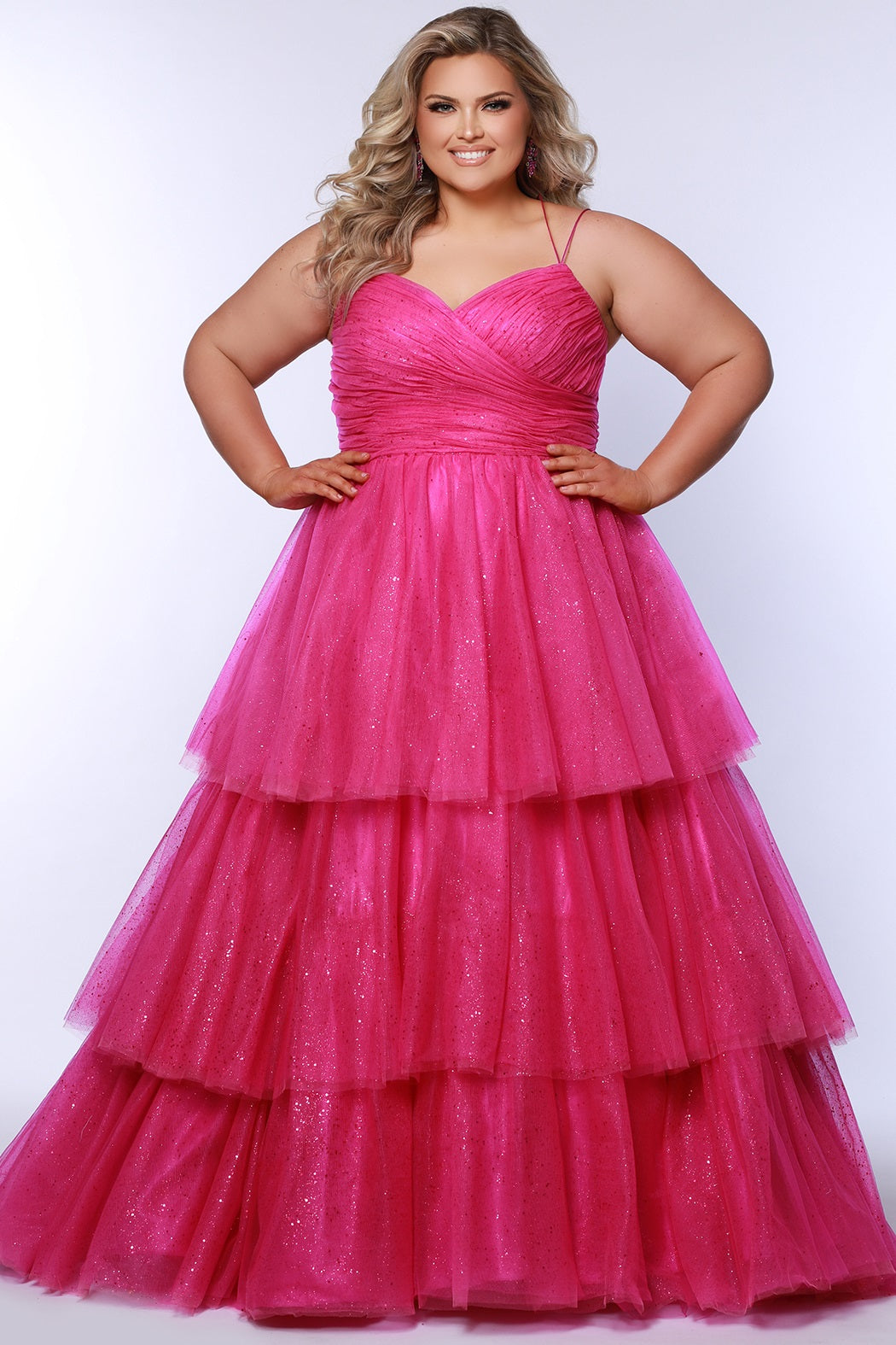 Sydney's Closet Women's Spaghetti Strap Teired Plus Size Ballgown - Pink