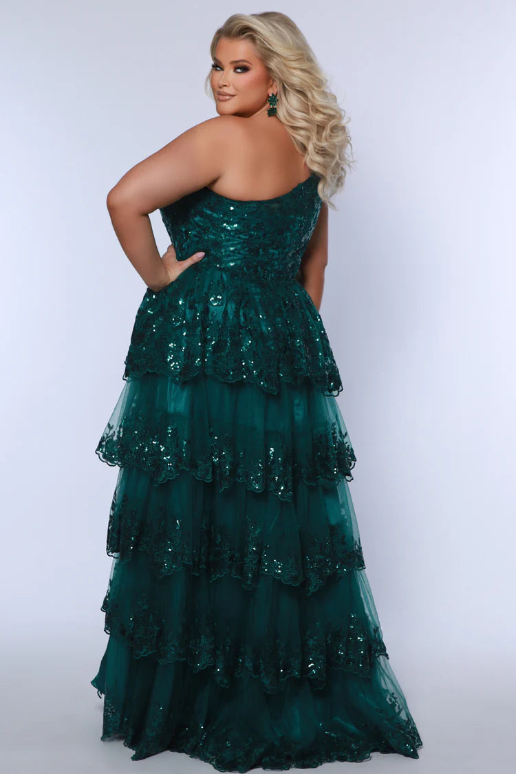 Sydney's Closet SC7399 Size 32 Green Plus Size Prom Dress One Shoulder Sequin Layered Gown A Line