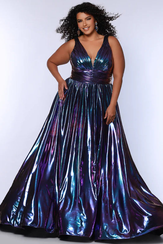 Expertly crafted for plus size figures, the Sydneys Closet SC7415 Prom Dress is a shining example of style and comfort. With a metallic A-line design and flattering V-neck, this formal gown boasts a whimsical color shift that will turn heads. Perfect for proms and other special occasions, this dress is sure to make you feel confident and beautiful.
Sizes: 14-40
Colors: Kiwi, Peacock, Prism