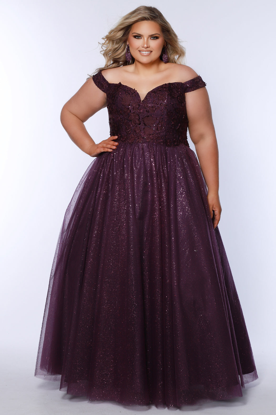 Sydneys Closet SC7428 Plus Sized Ballgown Prom Dress Off the Shoulder Glitter Tulle Long 3D Floral Lace 16 / plum Sydneys Closet SC7428 Plus Sized Ballgown Prom Dress Off the Shoulder Glitter Tulle Long 3D Floral Lace 16 / plum