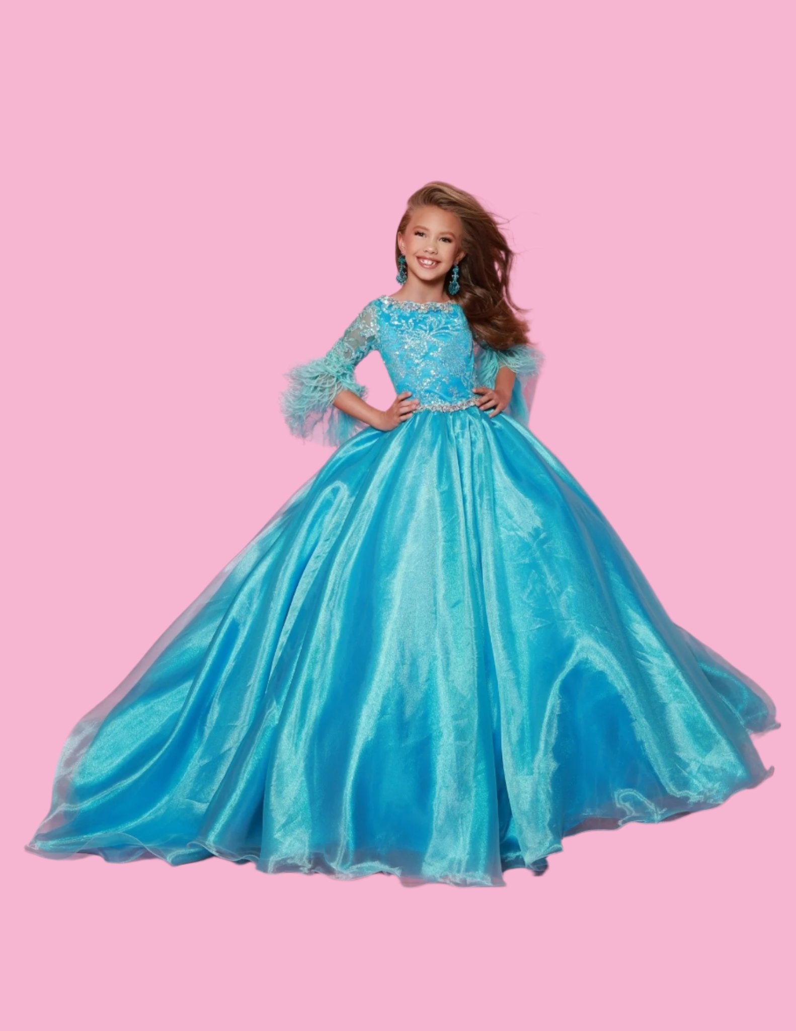 Sugar Kayne C338 Size 6 Aqua Long Girls Preteen Pageant Dress A-Line Ballgown Sequin Feather Sleeves Sugar Kayne C338 Size 6 Aqua Long Girls Preteen Pageant Dress A-Line Ballgown Sequin Feather Sleeves