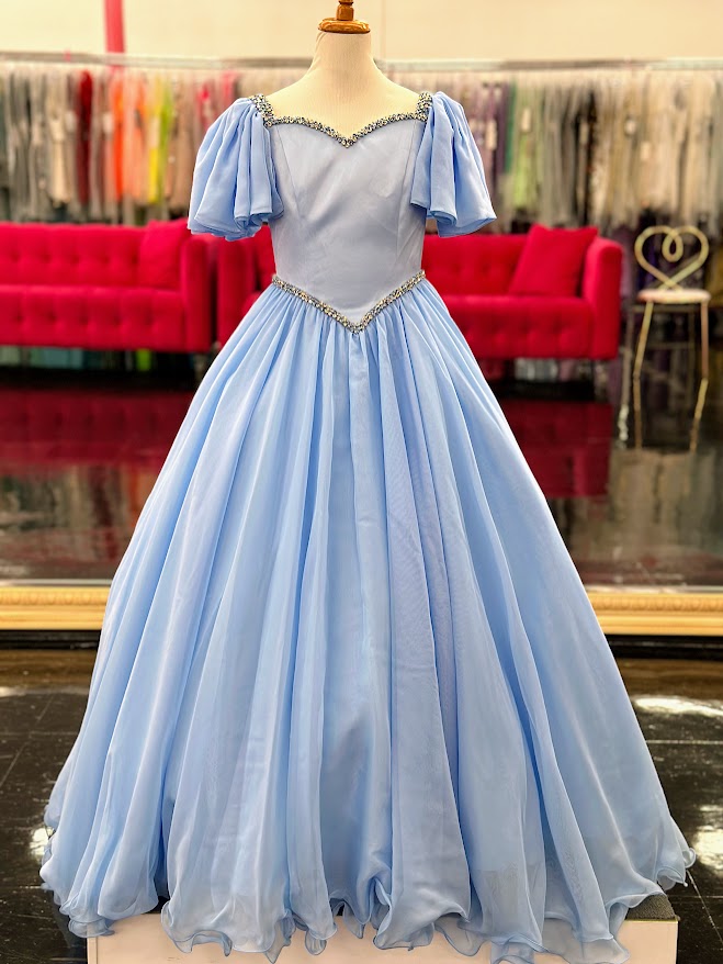Samantha Blake 1126 Size 4 Sky Girls Pageant Dress Ruffle Cap Sleeve A Line Gown Satin Bodice Formal Samantha Blake 1126 Size 4 Sky Girls Pageant Dress Ruffle Cap Sleeve A Line Gown Satin Bodice Formal