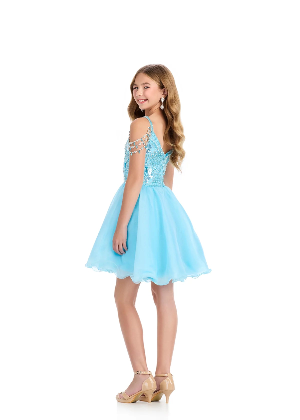 Ashley Lauren 8291 Girls Short Cocktail Dress A line Crystal Beaded Off the Shoulder Beaded Straps