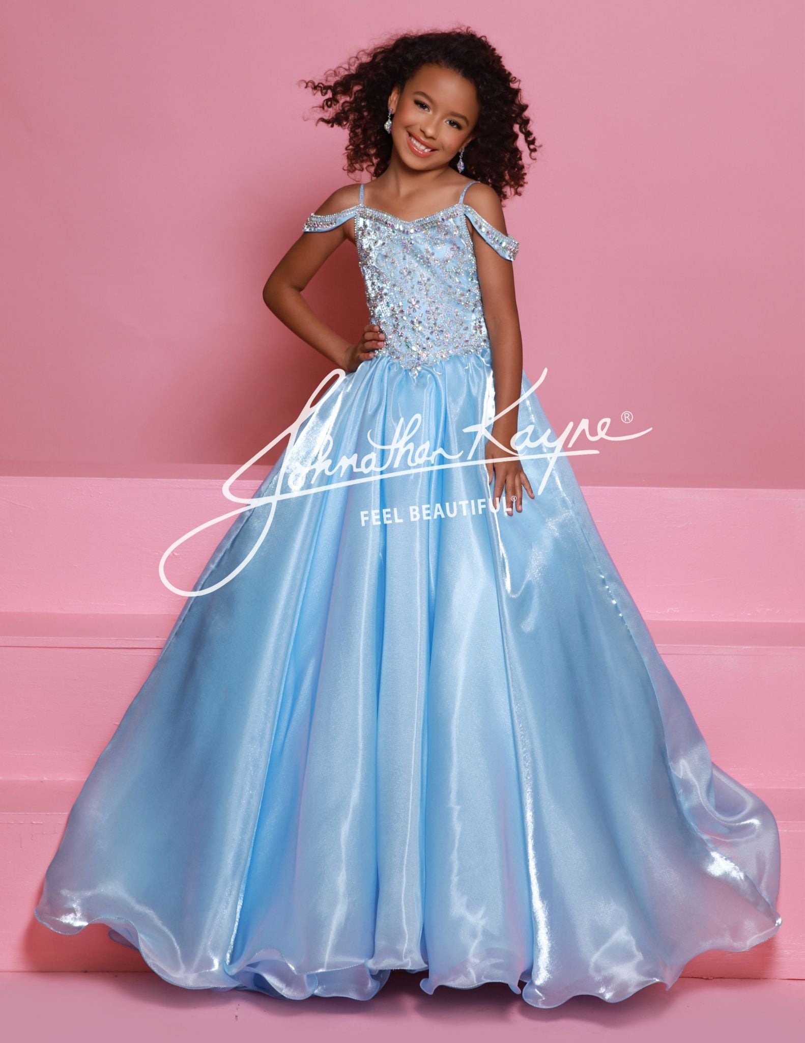 Sugar Kayne C365 Size 12 Sky Blue Organza Girls Pageant Dress Off The Shoulder Crystal Bodice Formal Preteen Gown, image size:1582x2048