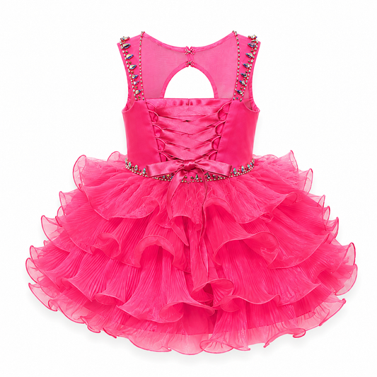 Sugar Kayne C202 Girls Pleated Ruffle Feather Cupcake Pageant Dress Toddle Baby Gown Crystal embellished keyhole cutout back
Sizes: 2T
Colors: Neon Pink
