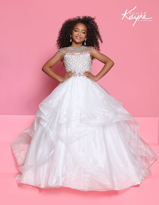 Sugar Kayne C354 Girls White Pageant Dress Crystal Bodice Layered Organza Skirt Cap sleeve