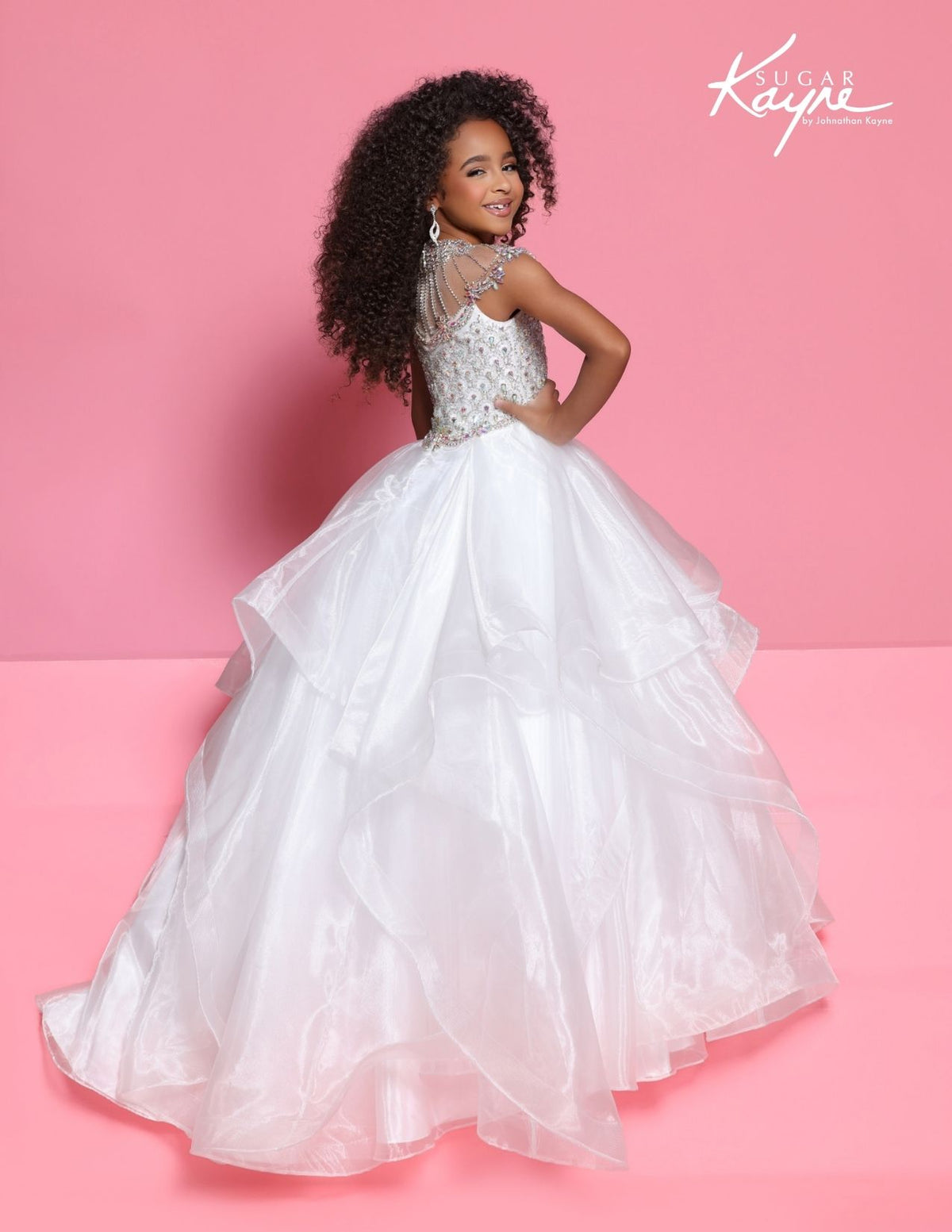 Sugar Kayne C354 Girls White Pageant Dress Crystal Bodice Layered Organza Skirt Cap sleeve back
