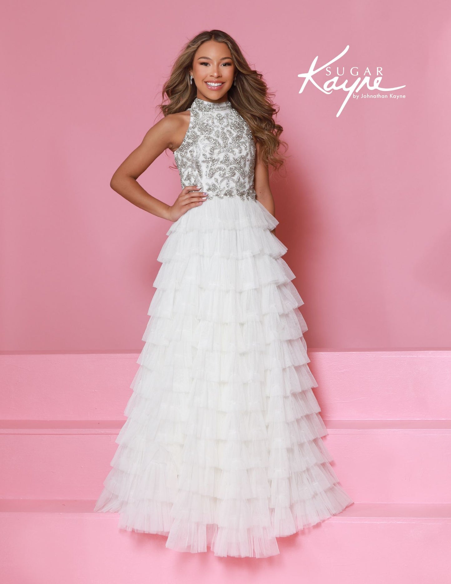 Sugar Kayne C387 Girls White Pageant Dress Crystal High Neckline Tulle Tiers