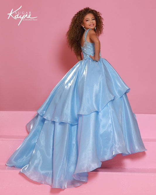 Sugar Kayne C403 Girls Ice Blue Pageant Dress Bow Layered Back