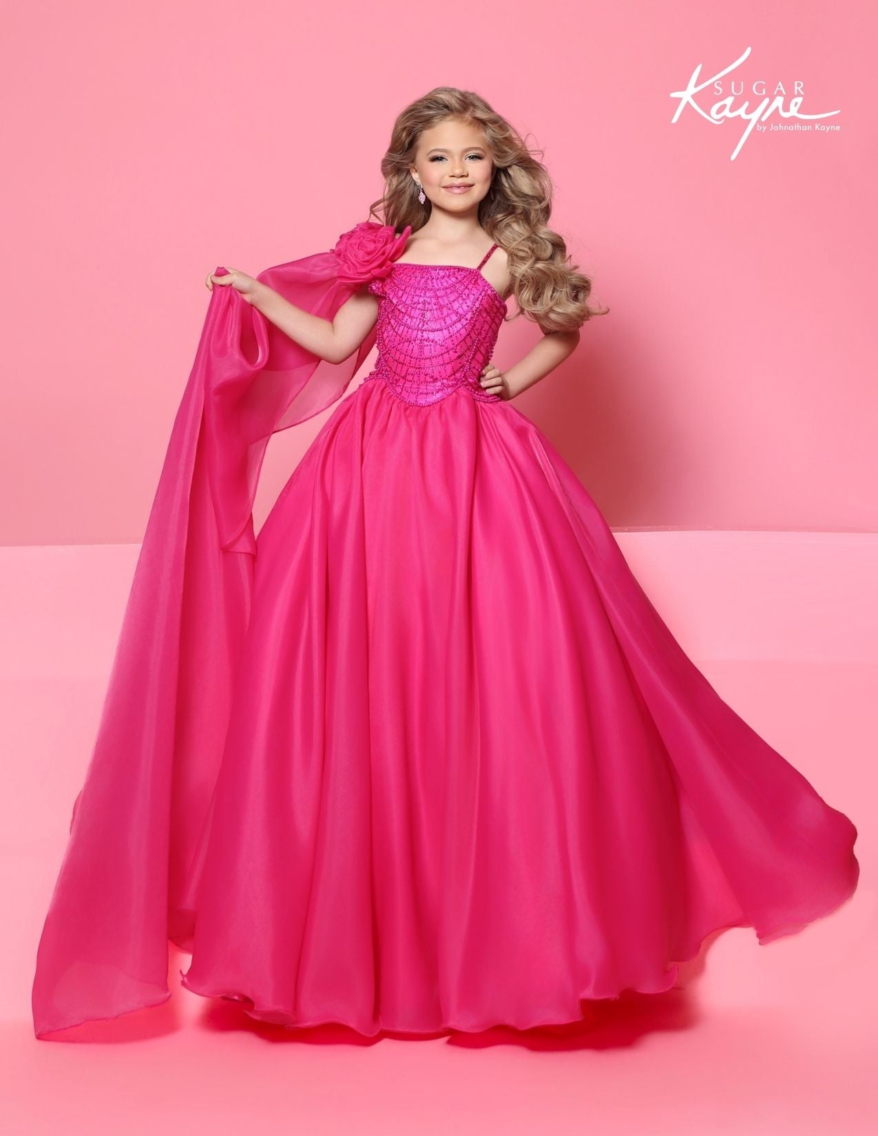Sugar Kayne C414 Girls Fuchsia Pageant Dress One Shoulder Cape