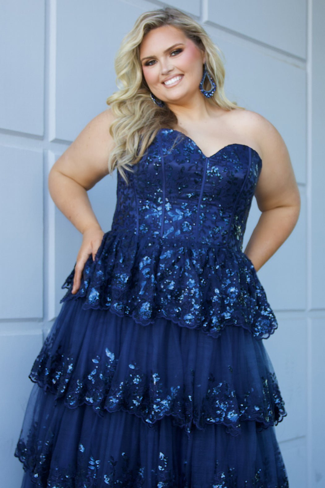 Sydneys Closet SC7398 Navy Plus Sized Formal Dress Strapless Sweetheart Ruffle Long Lace front