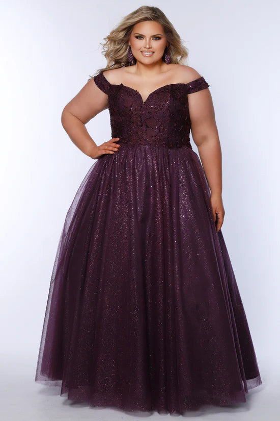 Sydneys Closet SC7428 Size 26 Plum Plus Size Dress Ballgown Lace Shimmer off the Shoulder Formal Prom Sydneys Closet SC7428 Size 26 Plum Plus Size Dress Ballgown Lace Shimmer off the Shoulder Formal Prom