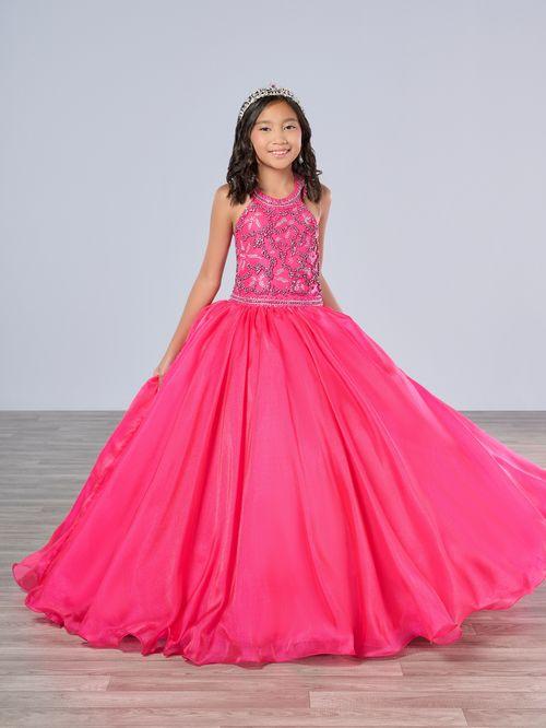Tiffany Princess 13786 Girls Pageant Dress Crystal Bodice Ballgown A Line High Neck Formal 2 / Cantaloupe