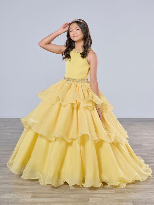 strapless open back dress Tiffany Princess 13787 Size 8 Yellow Ruffle Layer Girls Pageant Dress Backless High Neck Crystal Neckline