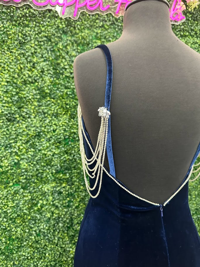 Johnathan Kayne 2706 Size 4 Aqua Navy Velvet Pleated Mermaid Dress Pageant Crystal off the shoulder Gown