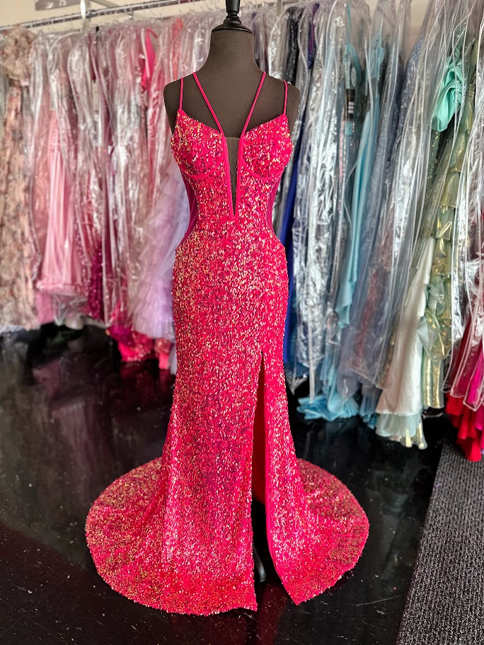 Vienna Prom 8880 Size 4 Fuchsia Long Prom Dress Sequin Fitted Sheer Plunging Neckline Sheer Sides Slit Formal Pageant Gown