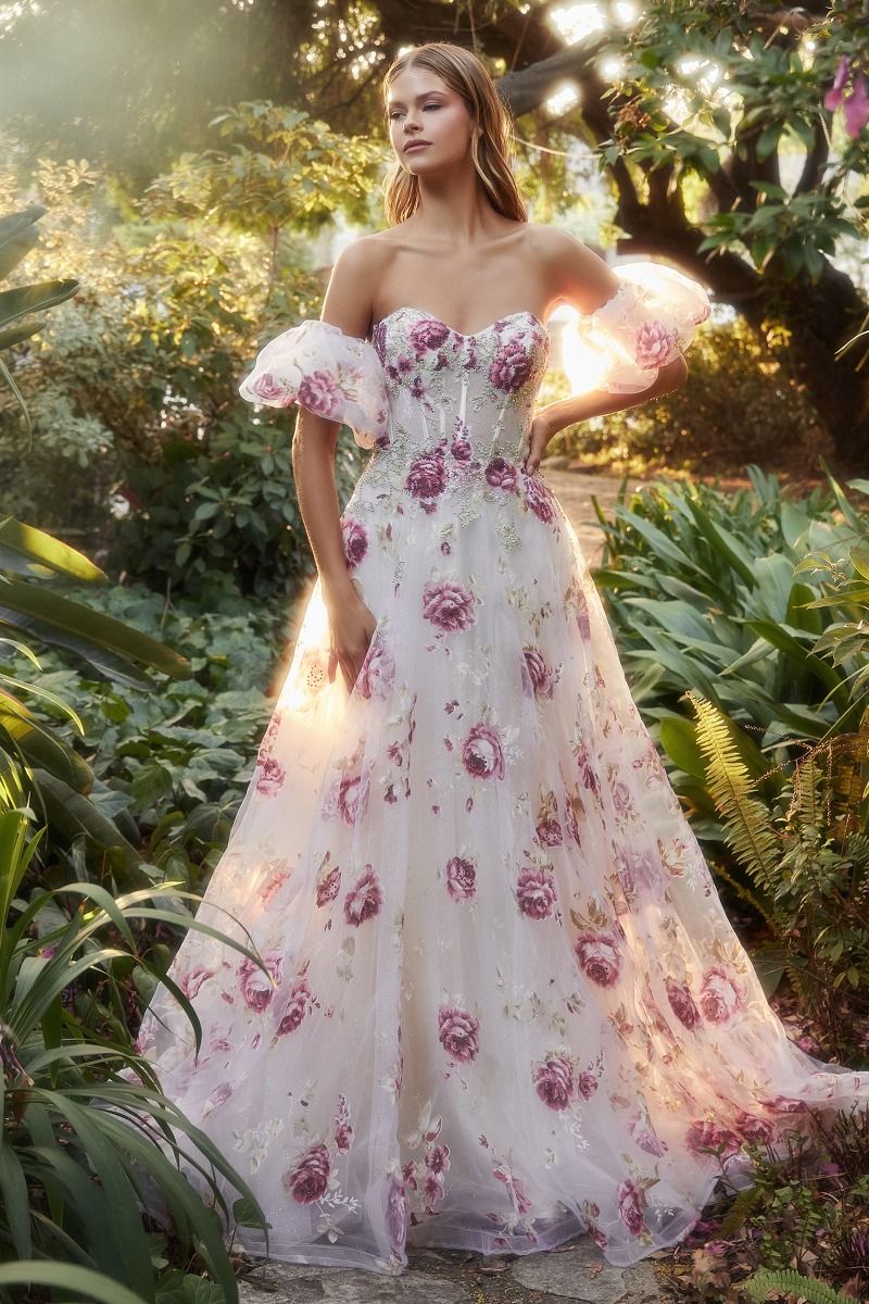 Andrea & Leo Couture A1133 Floral Print A Line Prom Dress Puff Sleeve Sheer Corset Formal Gown 16 / Multi Andrea & Leo Couture A1133 Floral Print A Line Prom Dress Puff Sleeve Sheer Corset Formal Gown 16 / Multi