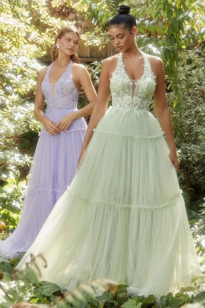 Andrea & Leo A1206 Garden Lace Tiered Skirt Halter Gown, Greenery / 6 Andrea & Leo A1206 Garden Lace Tiered Skirt Halter Gown, Greenery / 6