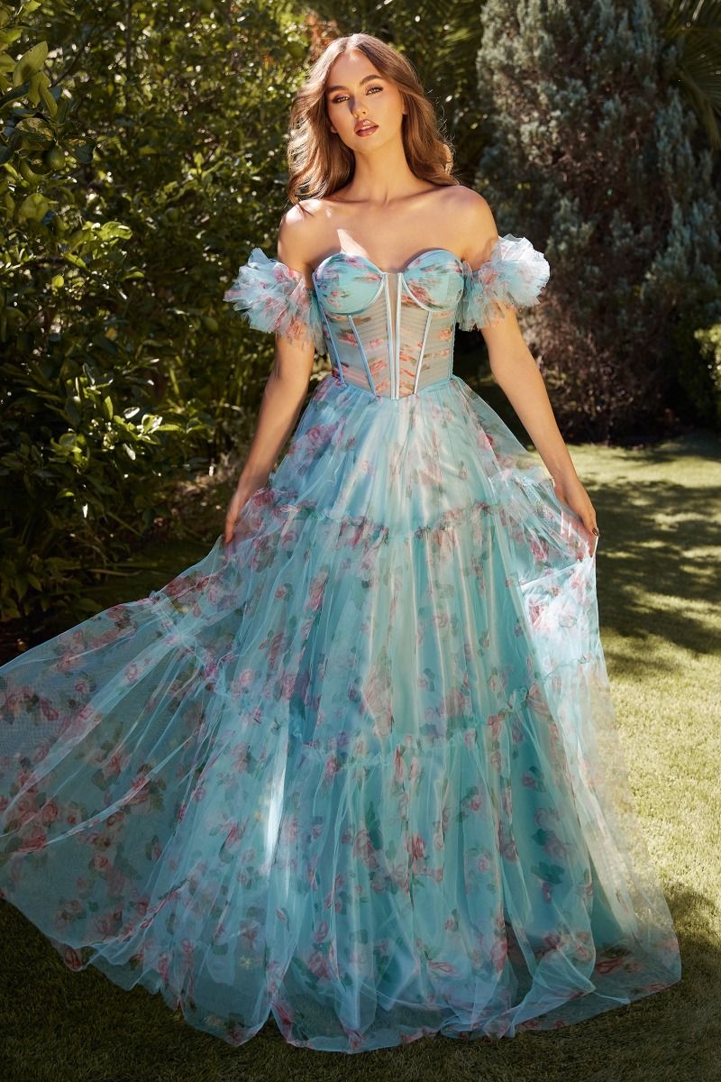 Andrea & Leo Couture A1285 Floral Print Sheer Corset A Line Prom Dress Puff  Sleeve V Neck