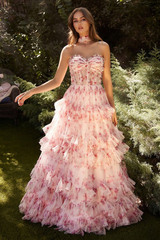 Take center stage in the Andrea & Leo Couture A1334 Floral Pint Pleated Ruffle A Line Prom Dress. The sheer corset and pleated ruffle details add a touch of elegance to this A-line gown. Perfect for formal events, this dress is sure to make you stand out from the crowd. Behold the whimsical allure of this strapless A-line dress!
