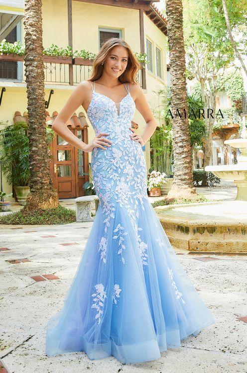 Amarra 87317 Light Blue Prom Dresses Size 6 Embellished Lace Mermaid Backless – Formals