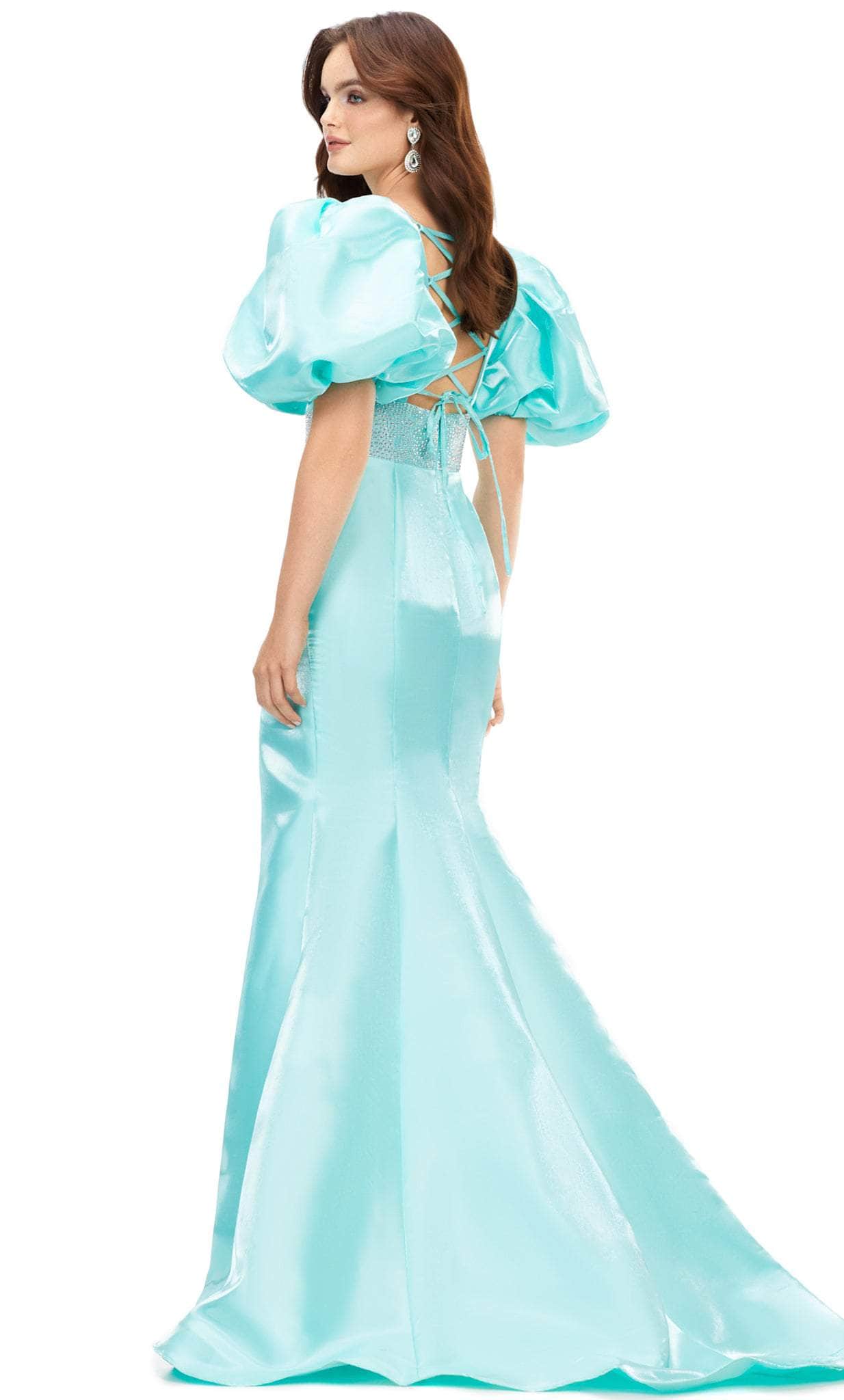 Ashley Lauren 11379 Fitted V-Neckline Gown with Oversized Puff Sleeves Long Prom Dress Formal Pageant