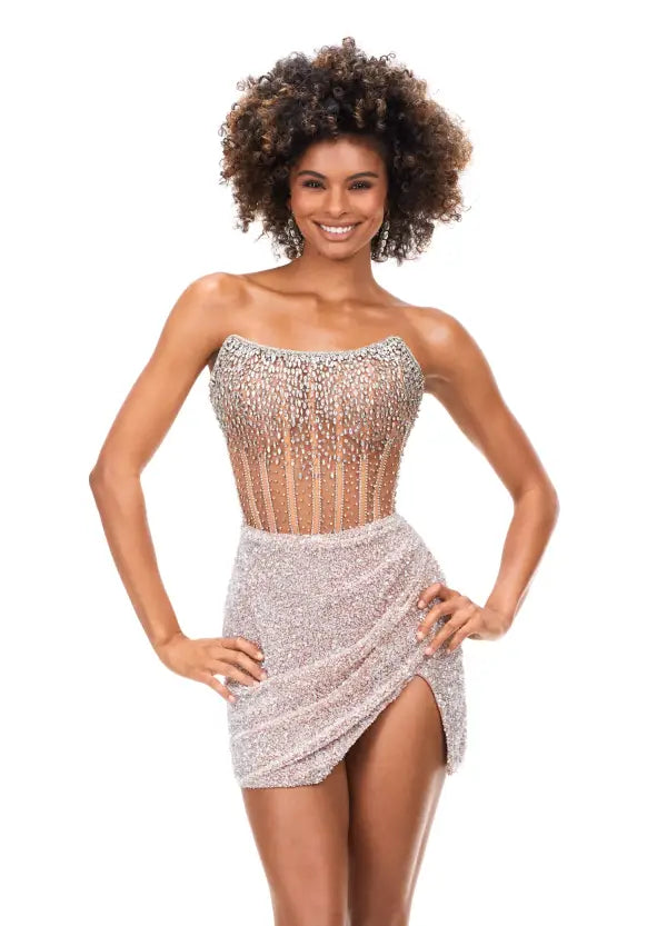 Ashley Lauren 4564 Cocktail Dress Short Sheer Beaded Maxi Slit Formal Corset Ashley Lauren 4564 Cocktail Dress Short Sheer Beaded Maxi Slit Formal Corset