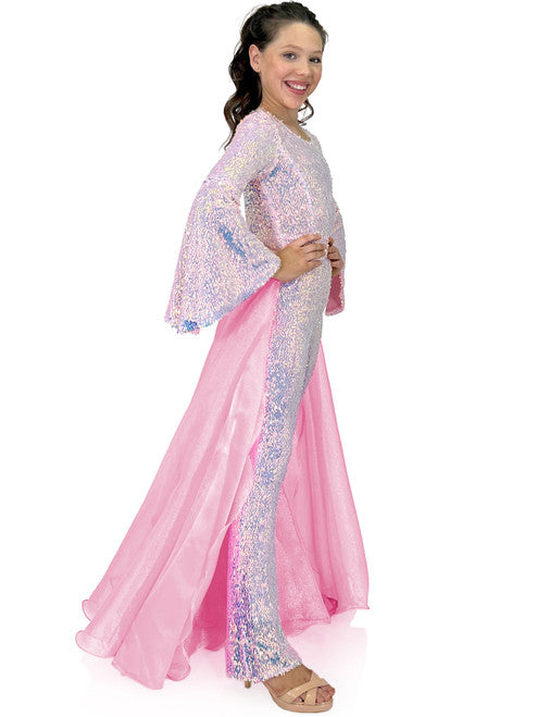 Marc Defang 8004K Sequin Bell Sleeve Pageant Jumpsuit Overskirt Fun Fashion Price is inclusive of overskirt Fully beaded jumpsuit Bell sleeve Option of matching overskirt Knitted inner comfort lining Available Sizes: 4-14 Available Colors: Baby Pink, Light Purple, Light Orange, Mint