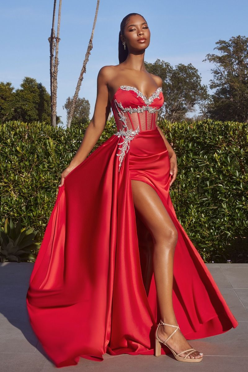 Ladivine CD343 Size 10 Red Sheer Corset Satin Slit Prom Dress