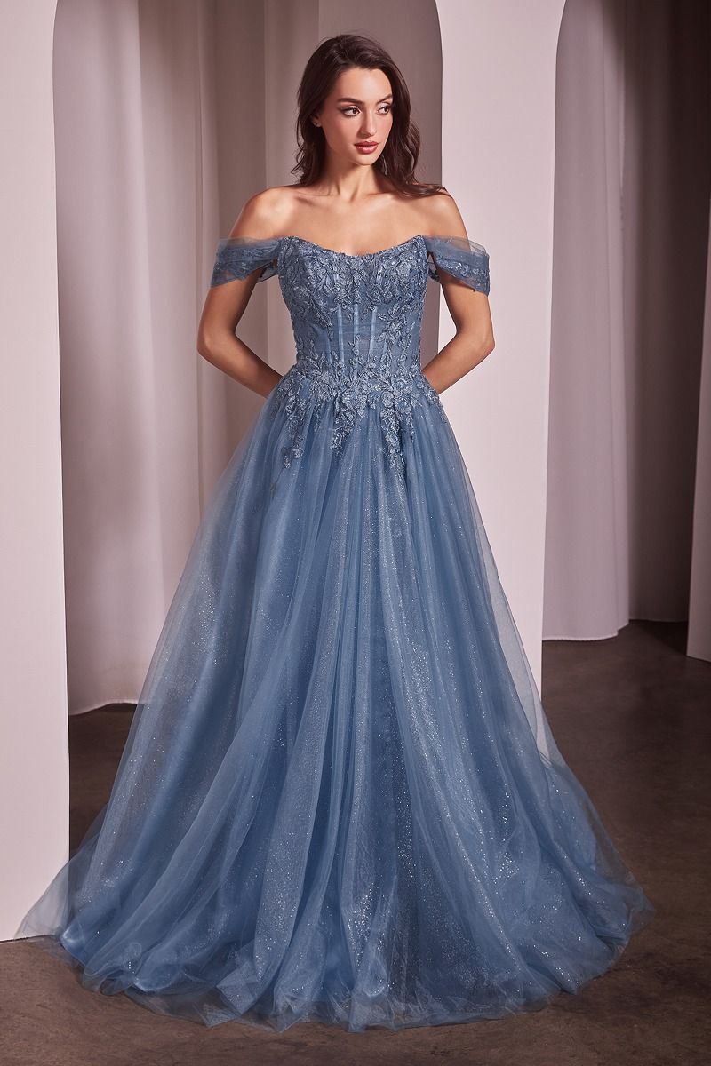 Ladivine CD799 Size 10 Smoky Blue Tulle A Line Shimmer Dress Formal Off the Shoulder Ballgown Lace Bodice Ladivine CD799 Size 10 Smoky Blue Tulle A Line Shimmer Dress Formal Off the Shoulder Ballgown Lace Bodice