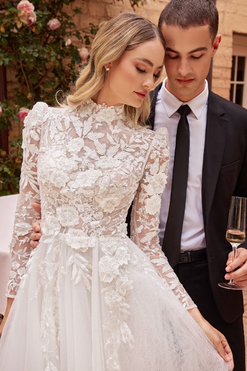 Ladivine CDS433W Sheer Lace Long Sleeve Bridal Ballgown Classy Wedding