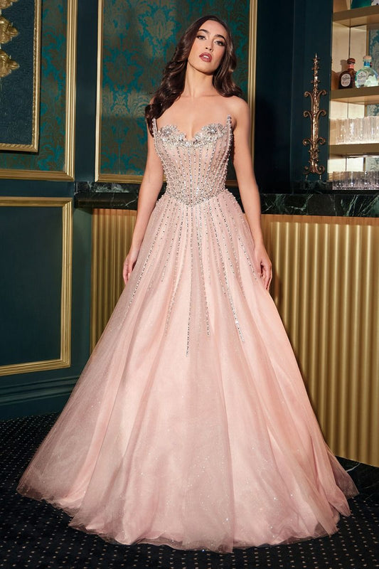 Elevate your formal look with the Ladivine CDS541 Sheer Crystal Corset Dress. Featuring a delicate sheer fabric adorned with shimmering crystals, this dress offers a refined corset silhouette that enhances your figure. The elegant cowl neck adds a sophisticated neckline detail, perfect for prom, pageants, or any grand occasion. Designed for comfort and style, this ballgown combines timeless glamour with modern flair for a standout appearance.
Make a dazzling entrance in this strapless ball gown, feat