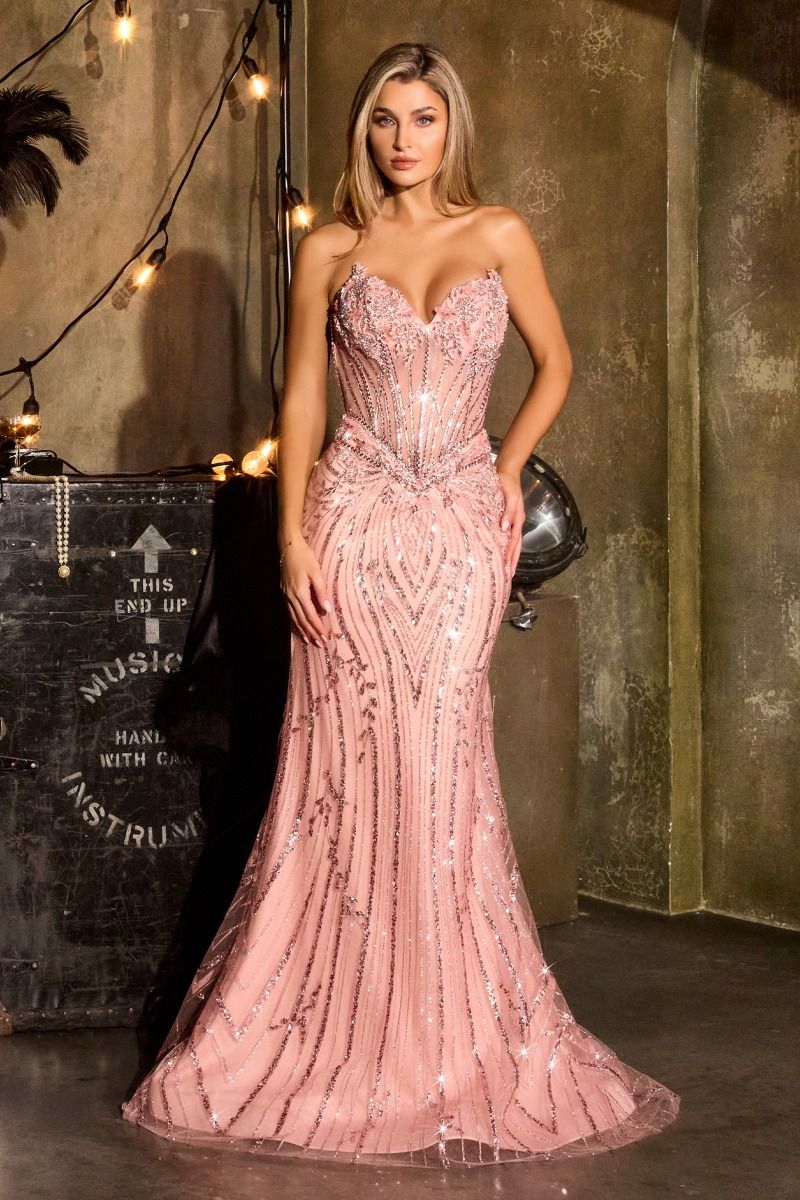 Ladivine CDS557 Strapless Beaded Sheer Corset Prom Dress Dusty Pink / 6