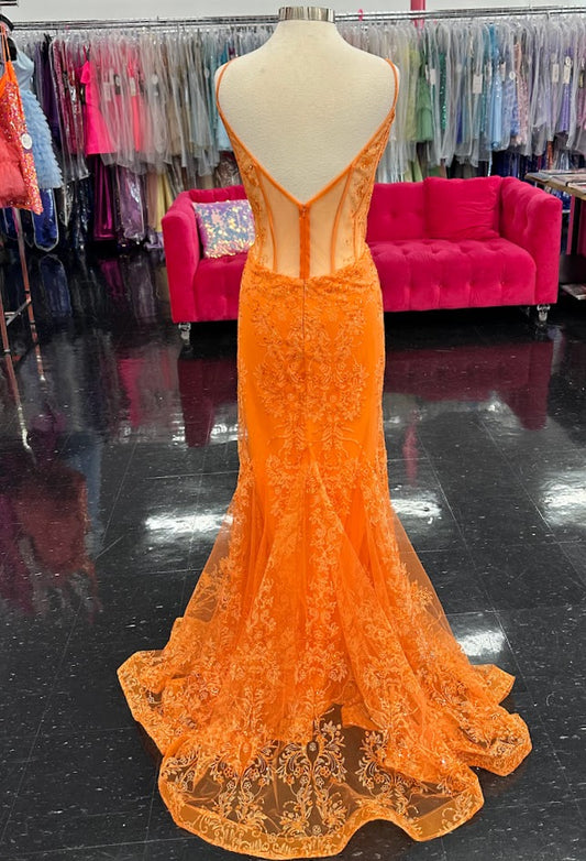 Stella Couture 21066 is a stunning V neckline glitter embellished fitted mermaid prom & Pageant Dress. Featuring a corset design bodice with boning and a v neckline. Lush mermaid silhouette with a sweeping train. sheer back. Great for Prom & Pageant
Available Size: 20
Available Color: Orange (Bright)