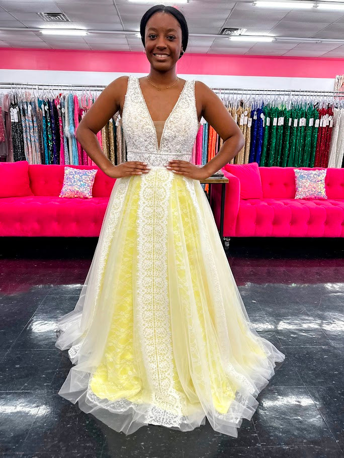 Envious Couture 1403 Size 10 Yellow Prom Dress Lace Ballgown V neckline Sheer
