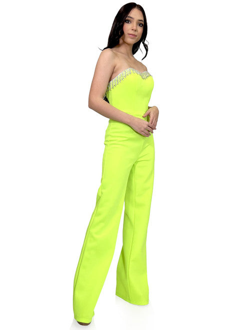 Marc Defang 8180 Size 0, 10 Neon Green Long Scuba Strapless Jumpsuit  Crystal Fringe Tassel Pageant Neon