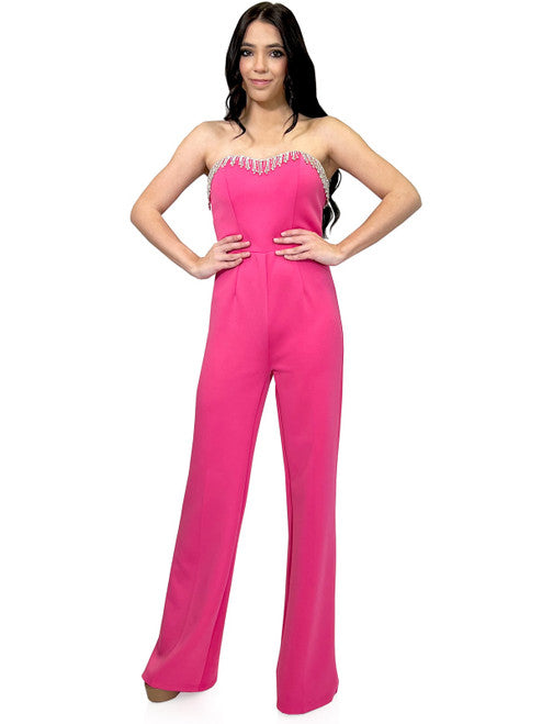 Marc Defang 8180 Long Scuba Strapless Jumpsuit Crystal Fringe Tassel Pageant Neon Available Size: 2, 12 Available Color: Hot Pink