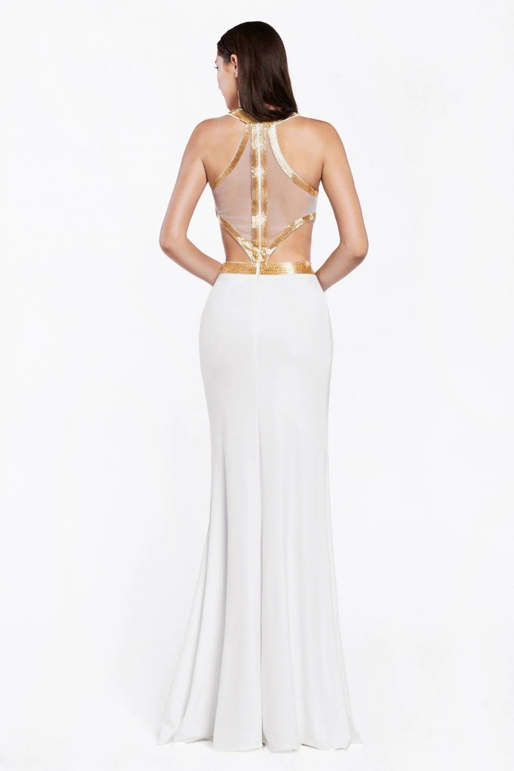 Expertly crafted, the Ladivine J735 Liquid Beaded Formal Dress is a stunning choice for any formal occasion. The high neck and cut out sides add a touch of modern elegance, while the jersey fabric flatters the figure. Stand out with the intricate beading and feel confident with the comfortable fit.