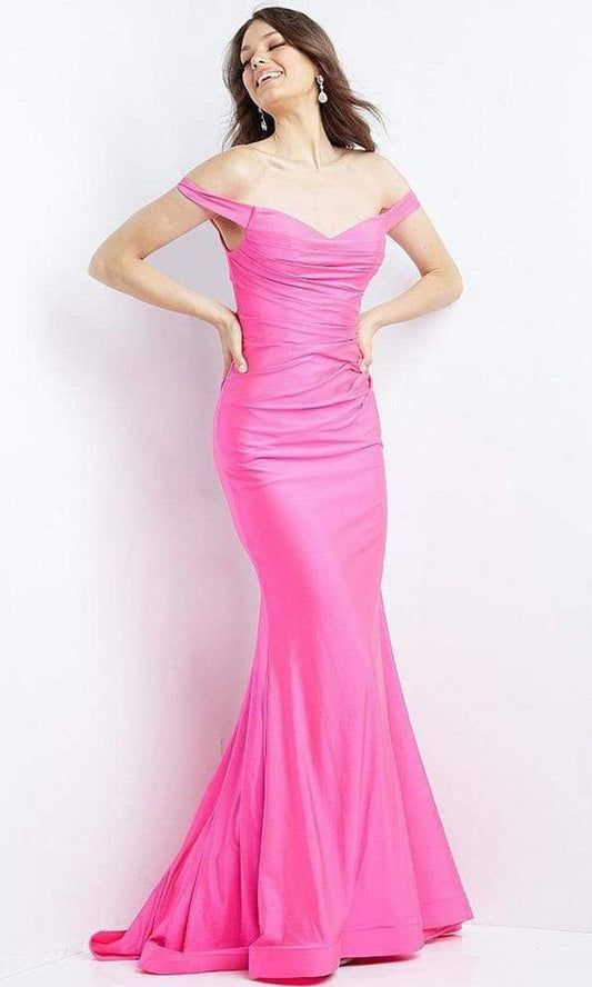 Jovani JVN07639 Size 14 Fuchsia Long Fitted off the shoulder Prom Dress Evening Gown Ruched Formal Gown