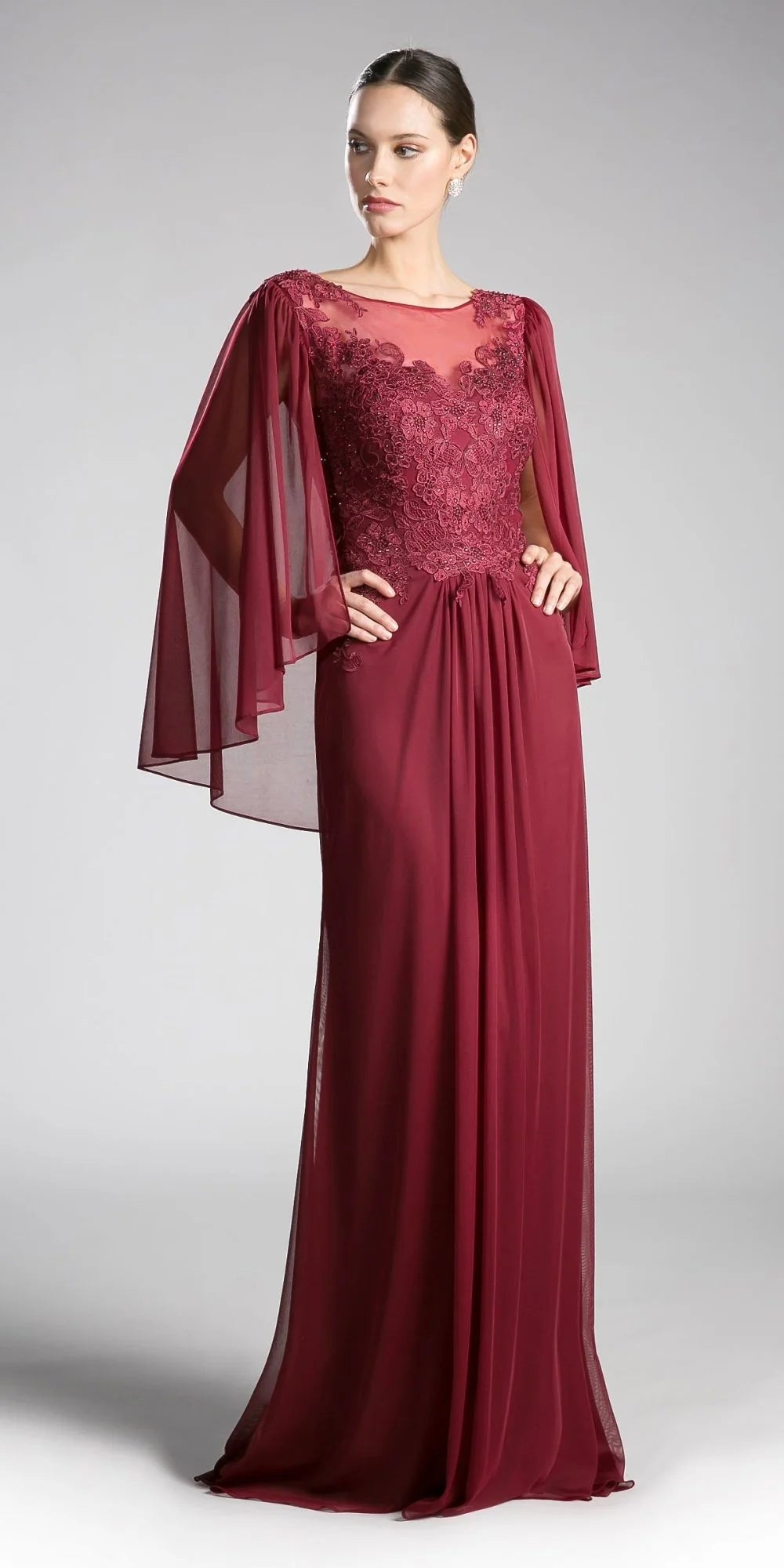 Ladivine 0C001 Size 10 Burgundy Mother of Dress Cape Shaw Lace Formal evening Gown