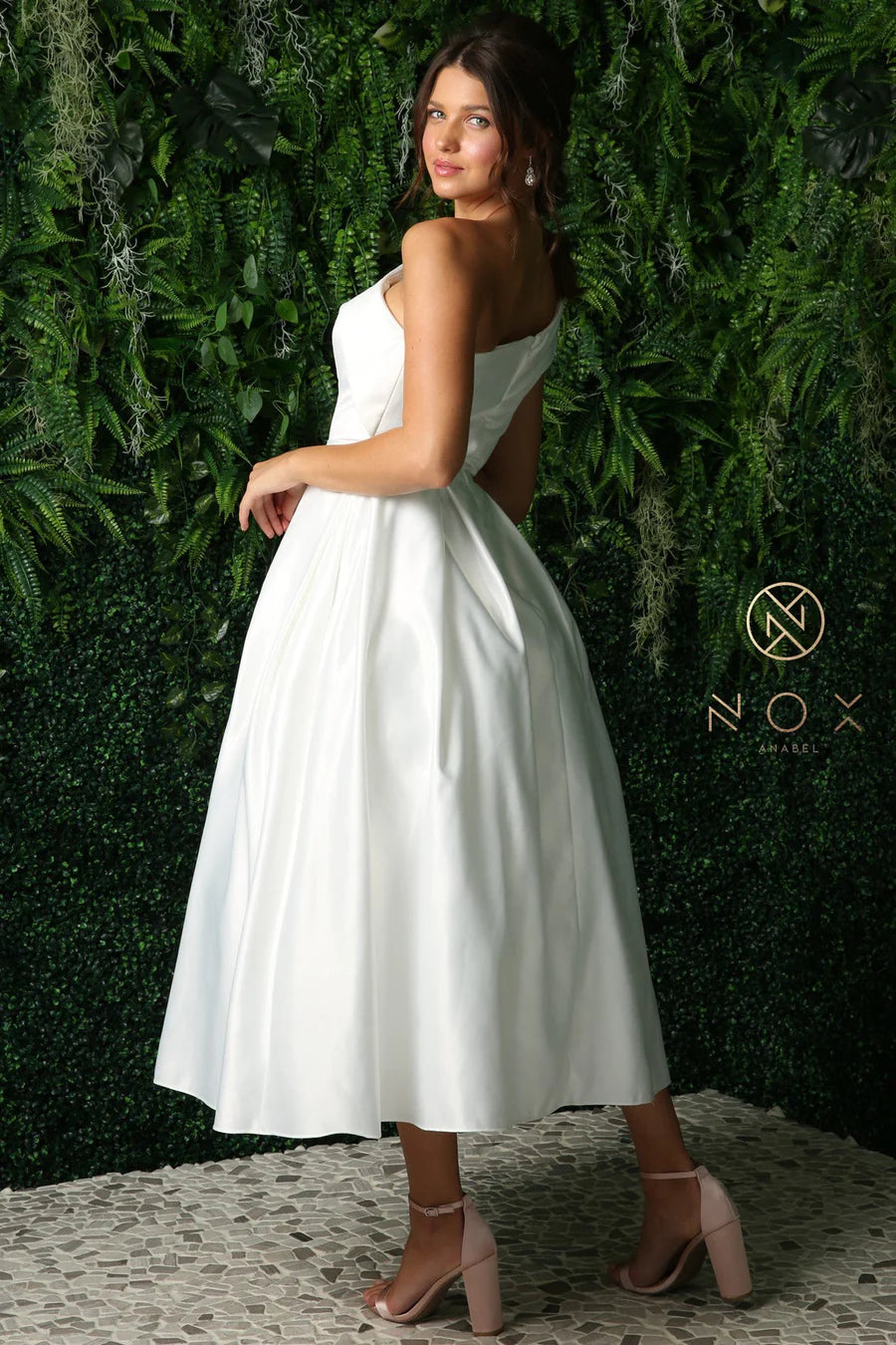 Nox Anabel JE931W White Wedding Dress Formal Tea Length One Shoulder A line Satin Reception Gown