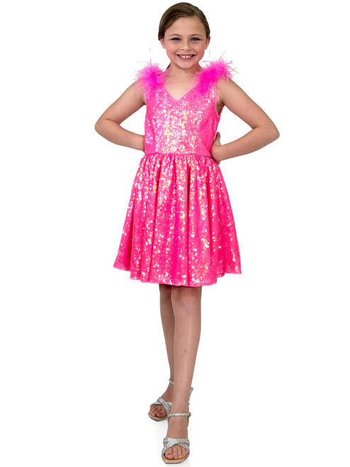 Marc Defang 5147 Size 6 Barbie Pink Girls Short Sequin Feather V Neck Cocktail Dress A Line Pageant Formal Wear Marc Defang 5147 Size 6 Barbie Pink Girls Short Sequin Feather V Neck Cocktail Dress A Line Pageant Formal Wear