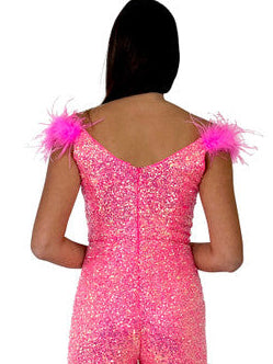The Marc Defang 8252 Short Sequin Pageant Romper is an off-the-shoulder dress with a fun, fashionable style. It features an iridescent sequin design, ostrich feathers on the shoulder, a v-neck cut and an invisible zipper closure in the back. This form-flattering Romper is fully lined and comes in a variety of colors and sizes. Sizes: 00-16 Colors: Hot Pink, Yellow