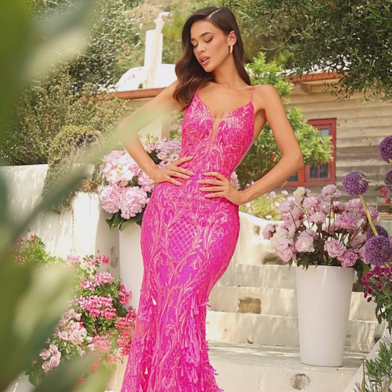 The Amarra 88763 is a stunning long prom dress, featuring a mermaid silhouette, backless design, and sheer details. With intricate sequin embellishments and paillette accents, this formal gown is sure to make a statement. Embrace your inner mermaid and shine at any special occasion with the Amarra 88763. 