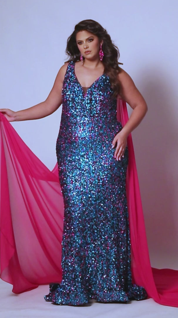 This Sydneys Closet JK2407 Long Fitted Plus Size Sequin Cape Pageant Dress Formal Gown is perfect for formal occasions. Crafted from high-quality materials, this dress features stunning sequin detailing, a long cape-style skirt, and a fitted silhouette, making it a sophisticated choice for any event. With its stylish and timeless design, this gown is sure to make a lasting impression. 