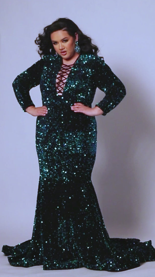 This Sydneys Closet dress is perfect for special occasions. It features a figure-hugging mermaid silhouette, a train, and a V-neckline with long sleeves. The fabric is a luxurious blend of sequin and velvet for a stunning look. The corset ensures a perfect fit for plus size wearers. Our Clutch plus size sequin Mermaid gown guarantees you'll dazzle everyone at a Pageant, Prom 2024 or any black-tie event.
