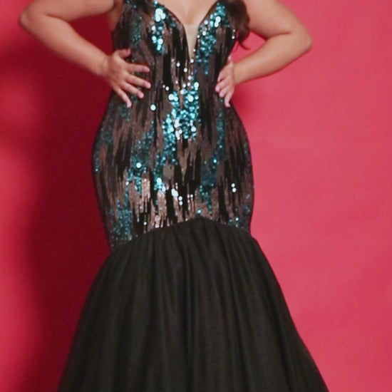 Sydney Closet JK2411 Long Mermaid Pageant Dress is the perfect choice for your special occasion. Featuring a sequin velvet corset with peak points, this dress is designed with plus size silhouettes in mind and is sure to make a lasting impression. Capture the attention of everyone at Prom 2024, a pageant or your next formal event when you opt to wear this glamourous plus-size Mermaid evening gown. 