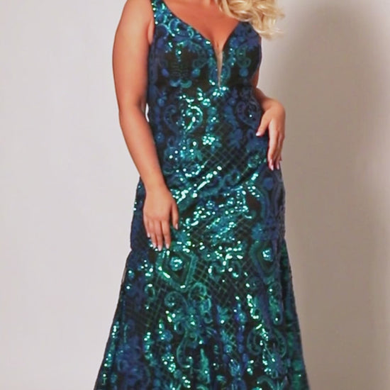 This plus size sequined mermaid prom dress from Sydneys Closet features a low V-neckline, adjustable spaghetti straps, and a flowing train. The bodice is lined with stretch crepe and sparkles with iridescent sequin for a classic, glamorous look. Perfect for special occasions. Slip into this glamorous fitted plus size evening gown and instantly look and feel like a million buck on your big night. 