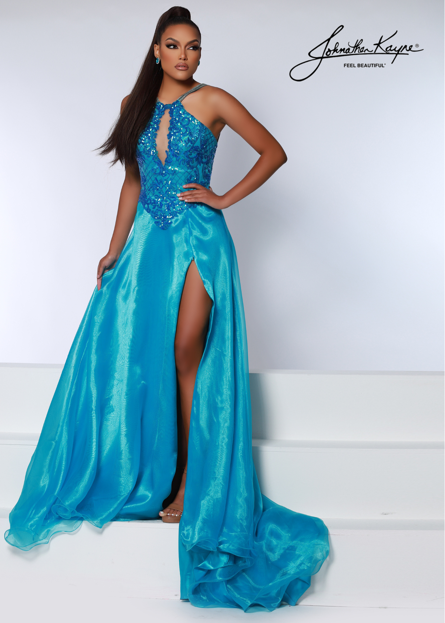 Johnathan Kayne 2627 Size 4, 14 TEAL Long A Line High Neck Sequin Formal Pageant Dress Crystal Strap Gown Johnathan Kayne 2627 Size 4, 14 TEAL Long A Line High Neck Sequin Formal Pageant Dress Crystal Strap Gown